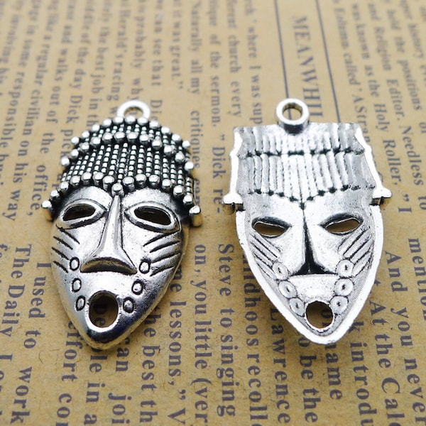 8PCS or 20PCS, Antique Silver Tone African Tribal Mask Charm Pendant --- Ethnic Mask Jewelry Charms Supply --- 20X33mm, JHS1173-ww222