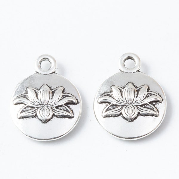 20PCS or 50PCS, Antique Silver Tone Lotus Flower Round Charm Pendant, Lotus Blossom Charm, 2 Sided Same, Double Sided - 13X16mm, LC32-6693