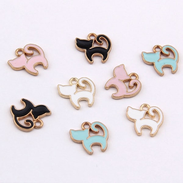 10 or 25PCS, Enamel Gold Tone CAT Charm Pendant, Animal Charm White, Aqua, Pink, Black, DIY Jewelry Charms Supply, 10X12mm, GC74-DY005