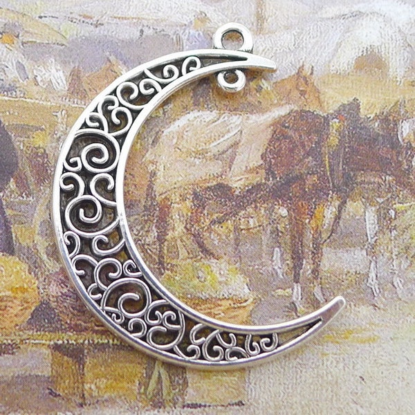 12 or 30PCS Antique Silver Filigree Crescent Moon Connector Charm Pendant, Celestial Charms Supply, DIY Jewelry Supply 30X40mm CC03-3451