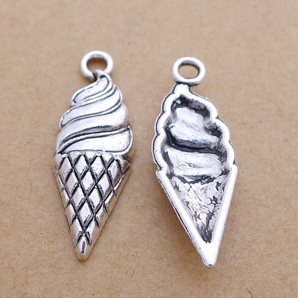 20 or 50PCS Antique Silver ICE CREAM CONE Charm Pendant, Dessert, Sweets, Food Charm Jewelry Supply, 8X25mm JHS547-LY126