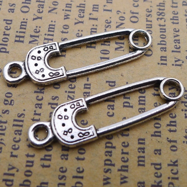 Clearance! 50PCS, Antique Silver Safety Pin Charm Pendant, Diaper Pin, Sewing, Seamstress Charm, Jewelry DIY Supplies, 8X30mm, JHS375-WW37