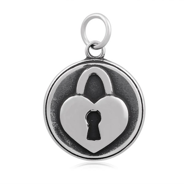 Clearance!! 5PCS, Stainless Steel Antique Tone Heart Padlock Charm Pendant, Heart, Lock Stainless Steel Tone Round Charm - 20mm, AAT387