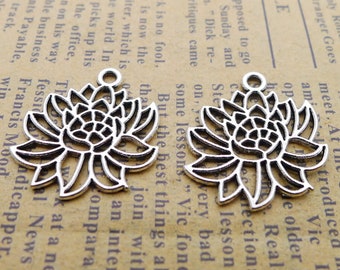 20 or 50PCS, Antique Silver Tone Lotus Flower Charm Pendant, Silver Filigree Flower Charms, DIY Jewelry Supply - 20X21mm, JHS1222-1098