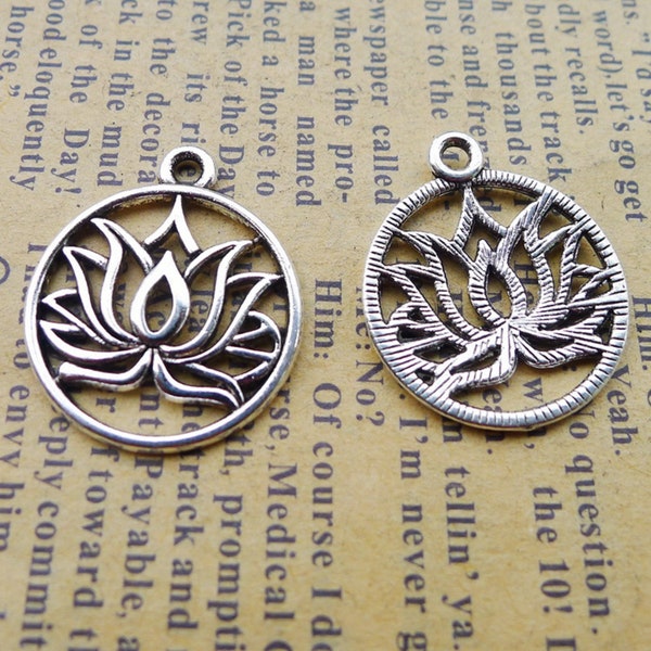 15PCS or 40PCS, Antique Silver Tone Round Lotus Flower Charm Pendant, Silver Filigree Lotus Charms, Jewelry Supplies - 19X22mm, JHS121-WW148