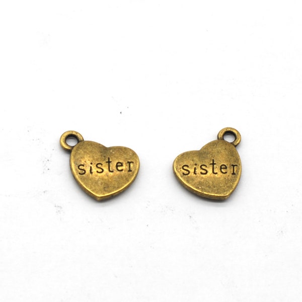 12 or 30PCS, Antique Bronze SISTER Heart Charm Pendant, 2 Sided Family Charms, DIY Memorial Jewelry Supply,, 13X15mm C04-Bronze-Sister