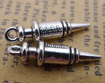 12PCS or 30PCS, Antique Silver Tone 3D Syringe Charm Pendant, Doctor Nurse Tools Charm, Medical Charm ---  6X25mm, JHS947-8258