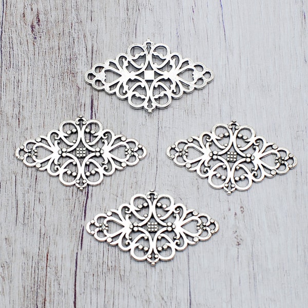 12 or 30PCS, Antique Silver Tone Rhombus Filigree Connector, Diamond Shape Filigree Charm Pendant, DIY Jewelry Finding, 25X41mm, CC188-2278