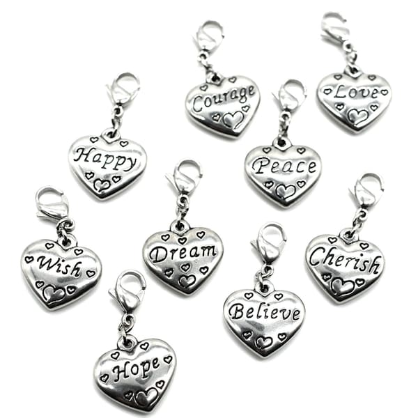 9PCS 9 Words Stainless Steel Clip-on Charms Collection, Vintage Style Jewelry Supply Lot, Wholesale Steel C01