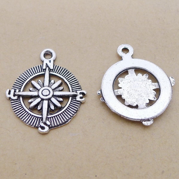 12/30PCS Antique Silver Tone Compass Charm Pendant, Adventure, Travel Charm Pendant, Nautical Charms Supply ---- 25X30mm,CC160-2309