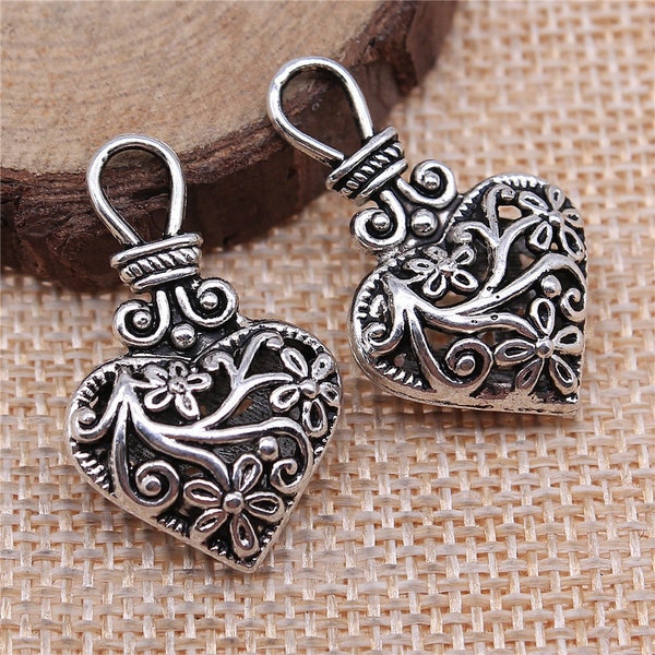 2 or 5PCS, Antique Silver Tone Filigree Flower Heart Charm Pendant, 3D Heart Charm, DIY Jewelry Supply, 19X39mm XCS113-12700