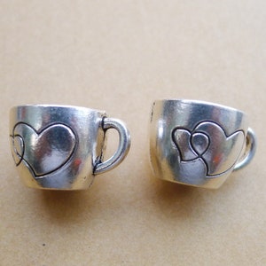 2 or 5PCS, Silver Tone  3D Cup, Coffee Mug with Hearts Charm Pendant, Large 3D Coffee Cup Charm, DIY Jewelry Supply, 20X26mm JHS946