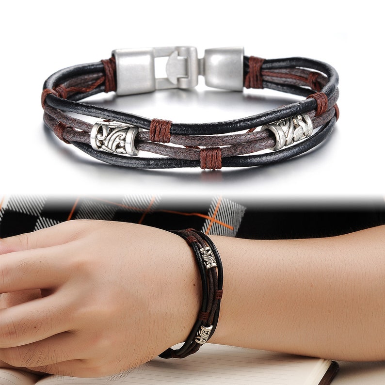 Cuff Bracelet TY13 Genuine Leather Fashion Bracelet Silver Tone Brass 8 Length