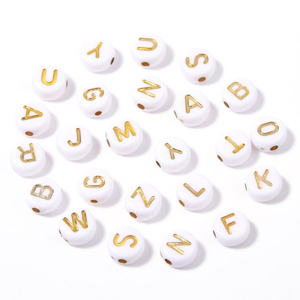 Clearance! 100 or 500PCS Plastic Gold Letters Alphabet Round White Beads Collection, Necklace Bracelet Charm Small Hole Beads C105-Color 1