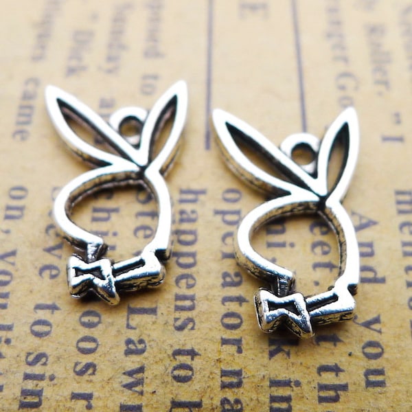 25 or 60PCS Antique Silver Tone Playboy Bunny Charm Pendant, 2 Sided Playboy Bunny Frame Charm Wholesale Bulk, 10X16mm JHS718-1101