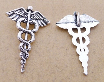 20/50PCS Bulk Sale, Antique Silver Caduceus Medical Symbol Charm Pendant, Dentist, Doctor, Nurse Charm Pendant, 32mmX21mm, CC53-2766