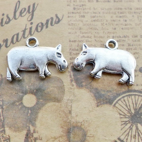 12 or 30PCS Antique Silver  Hippopotamus, Hippo Charm Pendant, 2 Sided Wildlife Animal Charm Pendant Jewelry Supply -- 15X20mm, JHS1055-4367