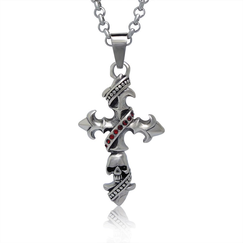 Biker Necklace MengHuan40 Men Necklace Charm Pendant Skeleton Cross Pendant Stainless Steel Necklace Pendant