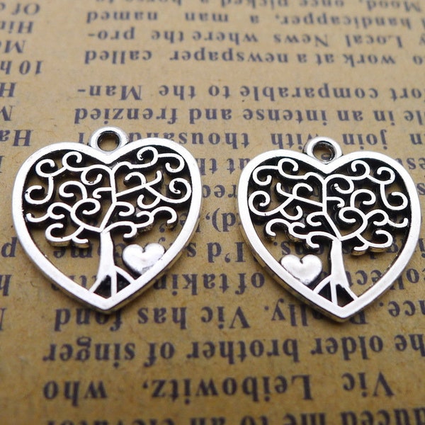 20 or 50PCS, Antique Silver Tree of Life Filigree Heart Charm Pendant, Heart Tree Charm, Tibetan Silver Tone, 17X18mm, JHS248-1620