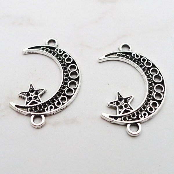 20 or 50PCS Antique Silver Tone Crescent Moon and Star Charm Pendant Connector, Filigree Celestial Charms Supply-- 16X25mm JHS435-ww350