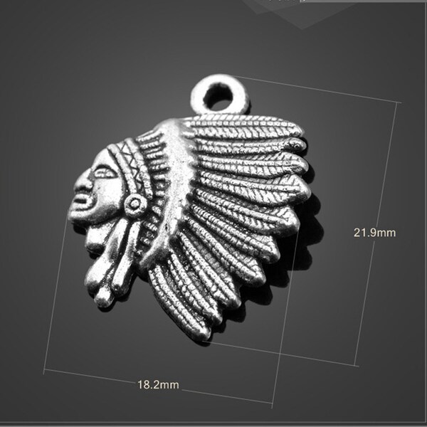 15 or 40PCS, Antique Silver Indian Head Charm Pendant, Indian Chief Charm - Tibetan Silver Tone, Jewelry Supply - 22mmX18mm, JHS325-13100