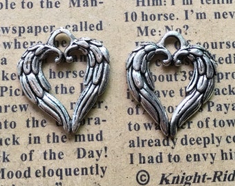 12 or 30PCS, Antique Silver Angel Wing Heart Charm Pendant, 2 Sided Open Heart Memorial Jewelry Supply Charms, 17X20mm, JHS291-751