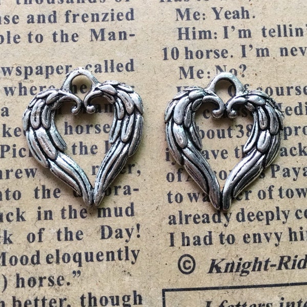 12 or 30PCS, Antique Silver Angel Wing Heart Charm Pendant, 2 Sided Open Heart Memorial Jewelry Supply Charms, 17X20mm, JHS291-751