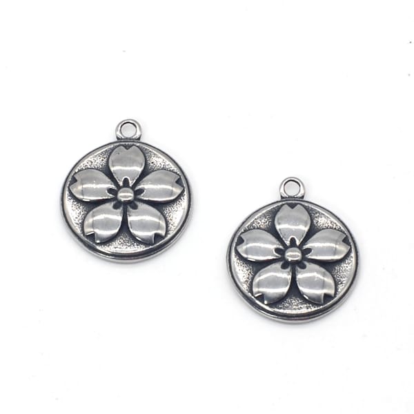 Clearance!! 5PCS Stainless Steel Antique Tone Flower Charm Pendant, Cherry Blossom Flower Stainless Steel Tone --- 20mm, AAT388