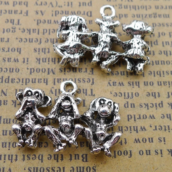 6 or 15PCS, Antique Silver 3D 3 Wise Monkeys Charm Pendant, See no evil Hear no evil Speak no evil monkey Charm Pendant, 19X26mm JHS634