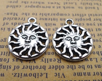 12 or 30PCS Antique Silver Tone SUN Charm Pendant, 2 Sided Celestial Charm Pendant, DIY Jewelry Supply 17X20mm JHS679-3289