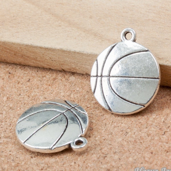 6PCS or 15PCS Antique Silver Tone Basketball Charm Pendant, 2 Sided --- DIY Jewelry Charm Supply ---- 22mm JHS275
