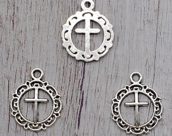 20 or 50PCS, Antique Silver Tone Cross Charm Pendant --- Inspiration, Religious Charms Supply ---- 16mmX20mm, JHS750-1749