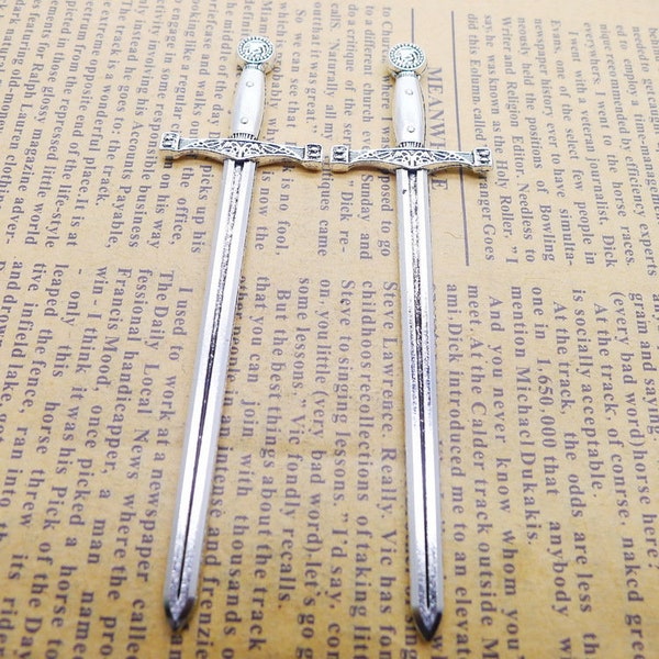 4 or 10PCS Antique Silver Tone Sword Charm Pendant, 2 Sided Large Gladiator Sword Pendant, Weapon Keychain Accessory 24X86mm JHS456