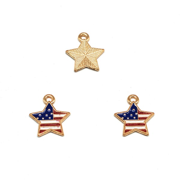 Clearance! 15PCS, Gold Tone American FLAG Star Charm Pendant, Red, White, and Blue American Flag, Memorial Charm 16X18mm GC40