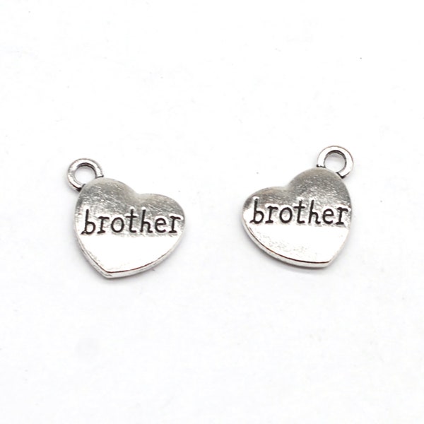 12 or 30PCS Antique Silver Tone Brother Heart Charm Pendant, 2 Sided Family Charms, DIY Memorial Jewelry Supply,  15X18mm C04 Charm-BROTHER