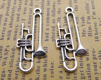 15 or 40PCS  Antique Silver Tone Trombone Charm Pendant ---Musical Instrument, Musician Charms Bulk --- 14X32mm, JHS999-1025