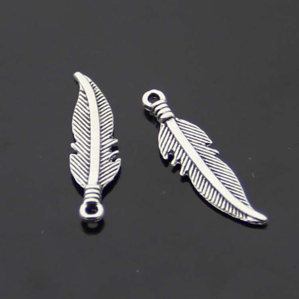 25 or 60 PCS Bulk Sale, Antique Silver Feather Charm Pendant, 2 Sided Silver Tone, DIY Jewelry Supplies, 27X6mm, CC01-2515
