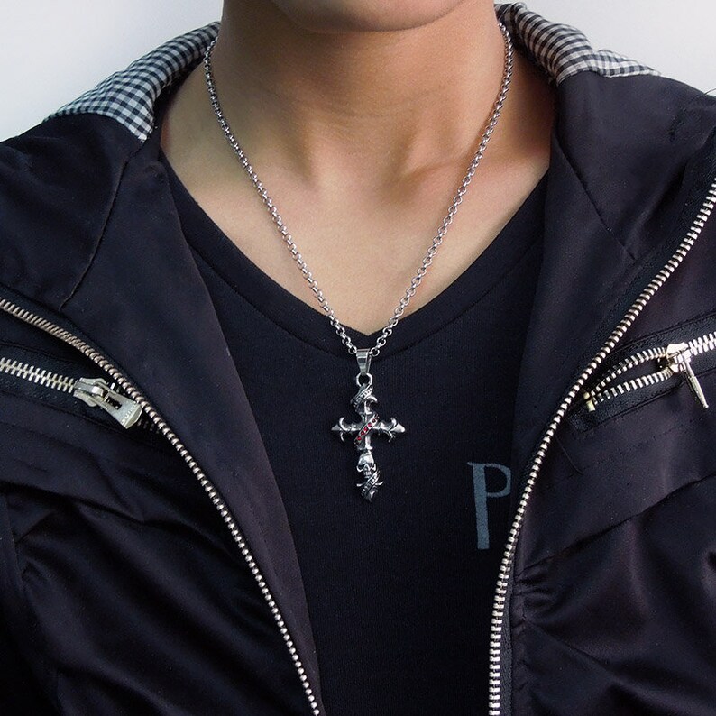 Biker Necklace MengHuan40 Men Necklace Charm Pendant Skeleton Cross Pendant Stainless Steel Necklace Pendant