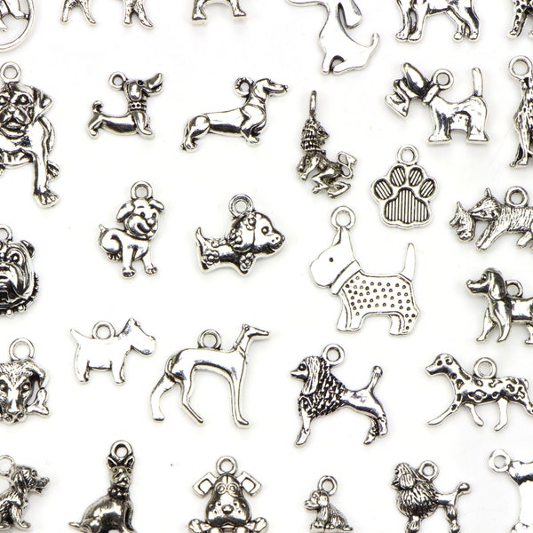 Clearance! 30PCS 30 Types Dog Charms Set Collection, Antique Silver Tone DIY Various Animal Charm Supply Bulk Wholesale C86