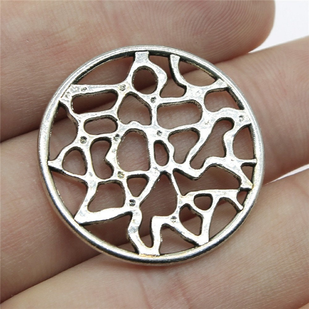 6 or 15PCS, Antique Silver Tone Filigree Round Charm Pendant
