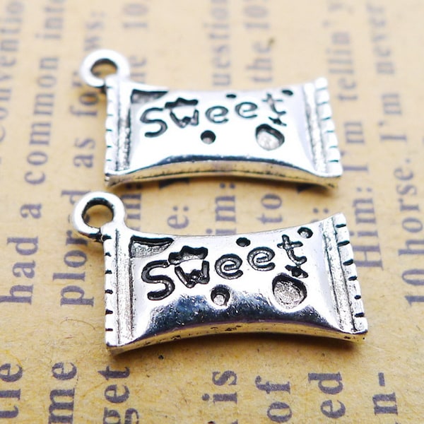 15 or 40PCS, Antique Silver Tone 3D CANDY Charm Pendant, 2 Sided Sweet Candy Wrapper Charms, DIY Charm Supply Bulk --- 10X17mm JHS1206-ww236