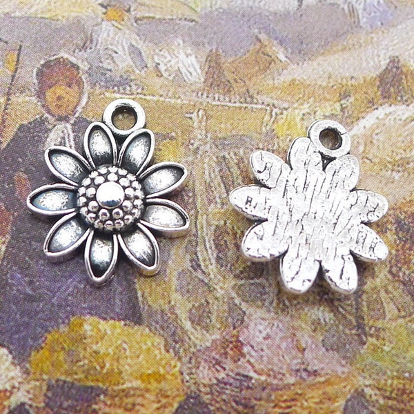 20 or 50PCS, Antique Silver Sunflower Charm Pendant, Sun Flower Charm, DIY Jewelry Charm Supply ---- 13X16mm, JHS20-5914