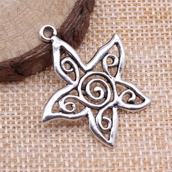 8 or 20PCS, Antique Silver Tone Flower with Swirls Charm Pendant, DIY Jewelry Supply --- GGS349 - 13720    33x30mm