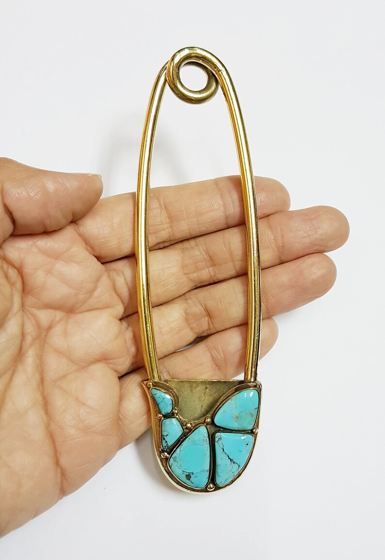 LARGE SAFETY PIN Hand Crafted Vintage Solid Brass Turquoise Etsy