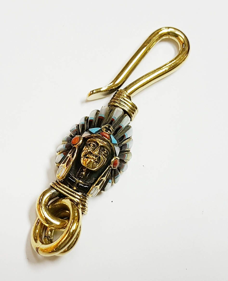 Solid Brass Indian Head Chief Native American Key Ring Etsy