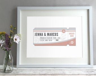Regalo de boda de destino, impresión personalizada de boletos, boleto de avión de viaje, regalo de boda único para parejas Ideas de regalos de novios de novia (sin marco)