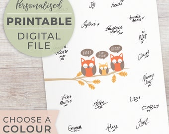 PRINTABLE DIGITAL FILE Personalised Owl Family Baby Shower Guest Book Alternative Print Poster, Woodland Baby Shower Decoration Sign Gift