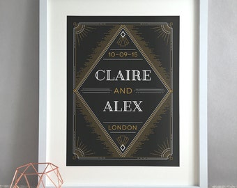 Art Deco Wedding Present, Unique Wedding Gifts For Couple, Vintage Romantic Wedding Gift Ideas, Custom Personalised Print Poster (unframed)