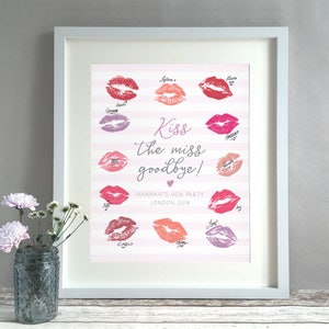 Kiss The Miss Hen Bachelorette Party Guest Book Alternative, Lipstick Kisses, Hen Do Weekend, Bridal Shower Decoration Print Gift (unframed)