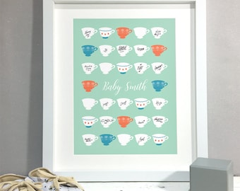 Tea Cups Baby Shower Guest Book Alternative, Vintage Tea Party Baby Shower Decoration Sign, Poster Personalised Print Girl Boy (unframed)